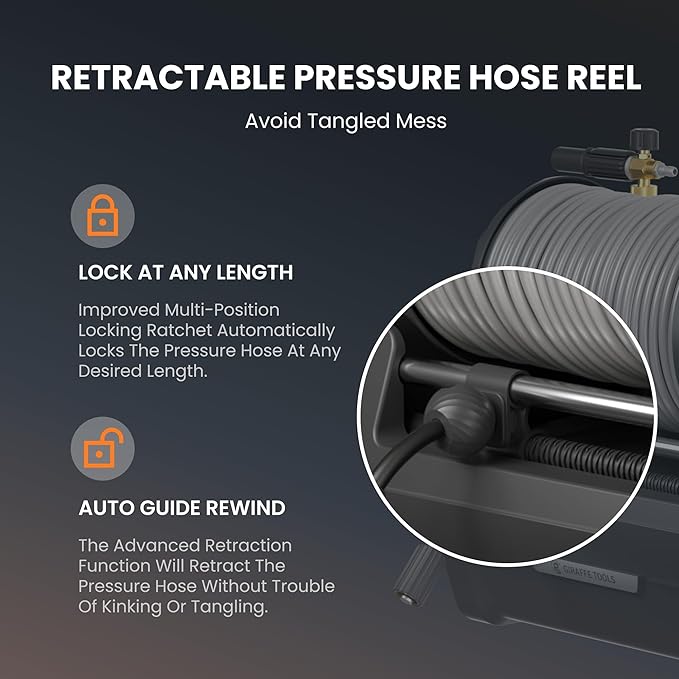 Giraffe Tools Grandfalls Retractable Pressure Washer Plus, Electric Wall Mount Pressure Washer with 100FT Ultra-Soft Pressure Hoses, 2900PSI, 2.2GPM, 4 Nozzles, Foam Cannon, Dark Silver