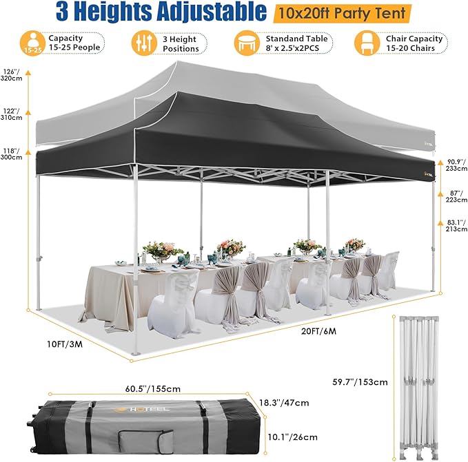 HOTEEL 10x20 Pop up Canopy Tent for Parties, Heavy Duty Easy Setup Tent with 6 Sidewalls, Outdoor Commercial Instant Gazebo for Wedding Event, with Roller Bag & Sand Bags, Black(Hexagonal Frame)