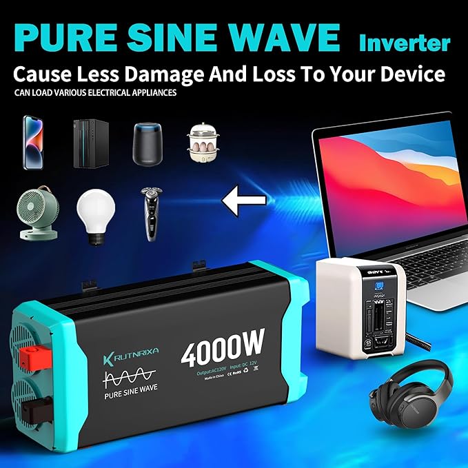 4000W Pure Sine Wave Inverter 12V DC to 120V AC for RV, Truck, Off-Grid, Home, Solar Car Power Inverter with Dual AC Hardwire Port, 20A Socket, 5V 2.1A USB