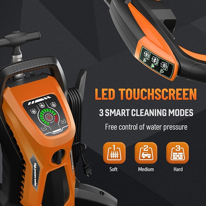 Pressure Washer 5000PSIIMAX Touch Screen Adjustable Pressure with Anti-Tipping Technolog, Spray Handle Smart Control, 5-Nozzle Set, for Cars//Home/Patios, Orange