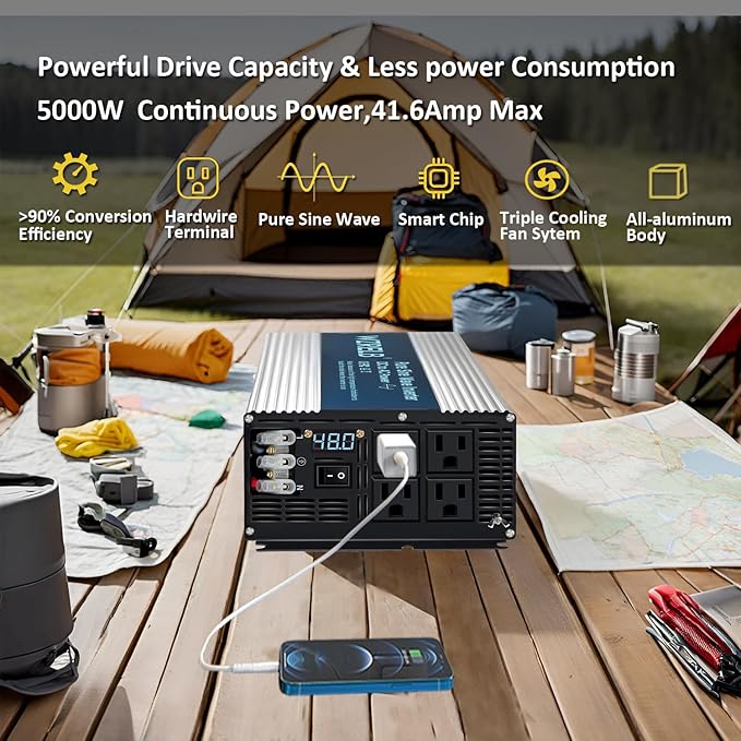 WZRELB 5000W Pure Sine Wave Inverter 48V DC to 110V 120V AC Power Converter with LED Display, Hardwire Terminal,Off-Grid Portable Power Inverter with 4 AC Outlets for Home, RV, Truck, Camping