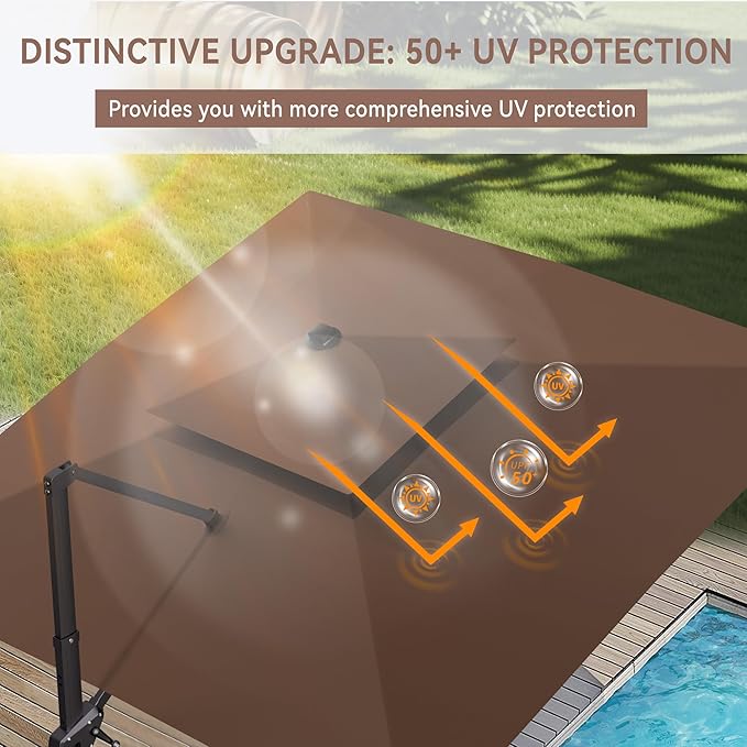 10' X 10' Cantilever Patio Umbrella Outdoor with Base Included Heavy Duty Double Top Windproof Square Offset Umbrellas with 360-degree Rotation for Pool Deck Backyard, Brown