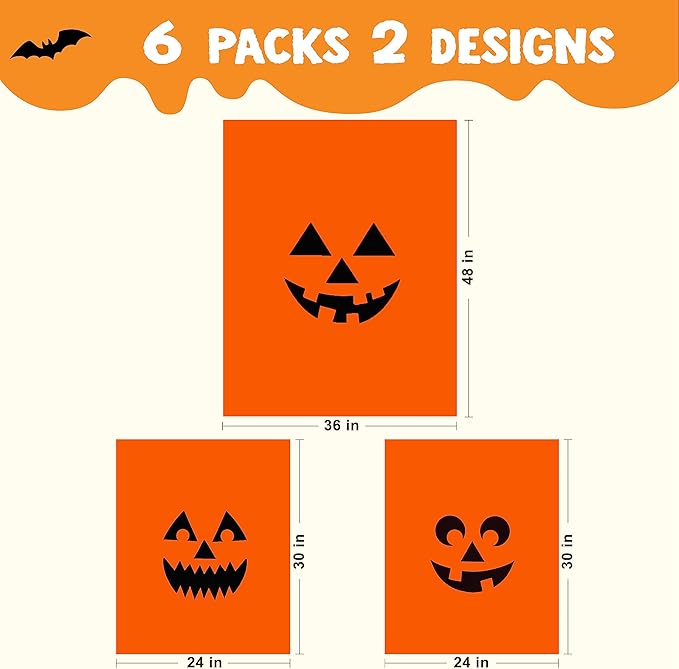 JOYIN 6 Pcs Halloween Pumpkin Leaf Bags, Plastic Lawn Bags for Yard Fall Leaf Halloween Decorations, Jack o' Lantern Reusable Trash Bag for Decor Party Favors, Party Supplies