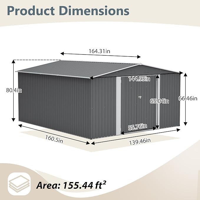 12×14 ft Outdoor Metal Storage Shed, Large Garden Tool Shed with Lockable Double Doors, Waterproof Yard Building, Patio, Light Gray