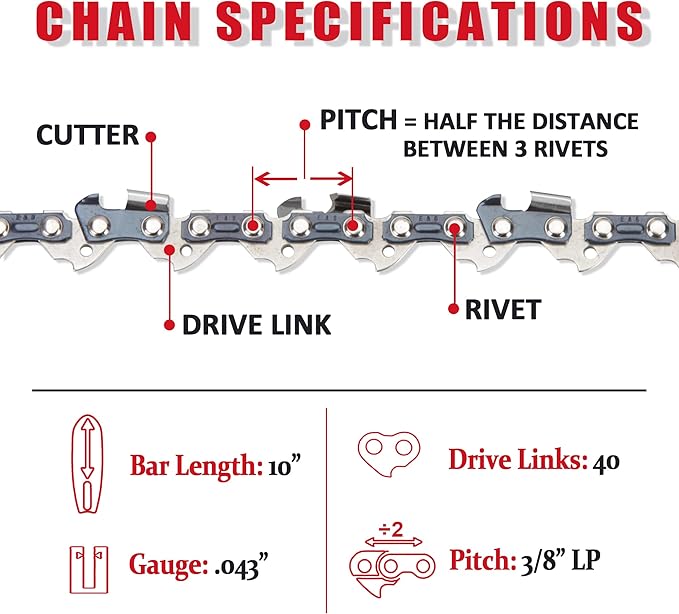 E & S 3 Pack 10 Inch Chainsaw Chain 3/8" LP Pitch .043" Gauge 40 Drive Links Semi-Chisel Chain Saw Chains for Husqvarna, Poulan, Craftsman, Greenworks and More Chainsaw Brands