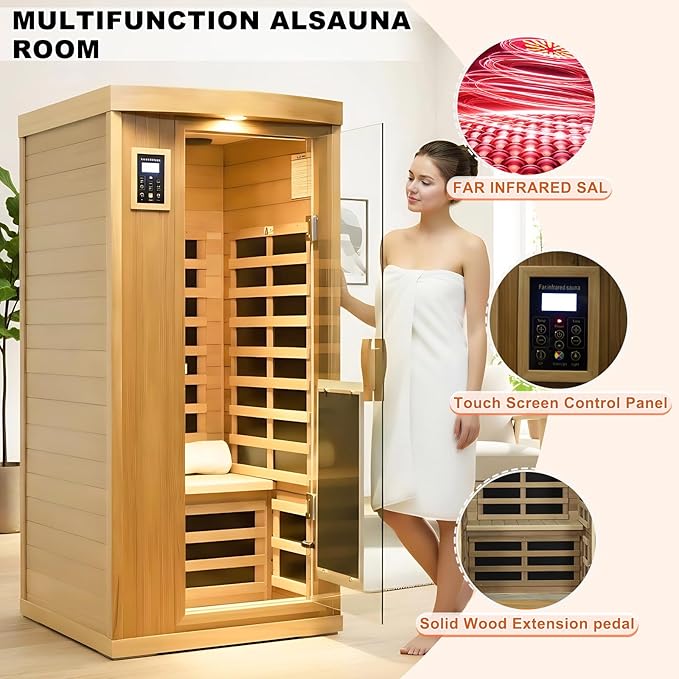 Infrared Sauna Home Sauna Box Deluxe 1 Person Red Cedar Indoor Far Infrared Sauna Room with LED Reading Light, Control System, Audio System, Bean Paste Red