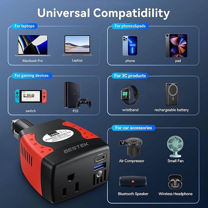 BESTEK 150W Car Power Inverter, Car Charger DC 12V to 110V AC Converter PD 30W QC 3.0 18W USB Charger Laptop Car Charger Outlet Power Adapter for Car