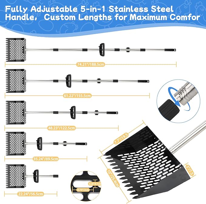 FHTONGE Heavy Large 2-in-1 Chicken Poop Scoop and Rake with Grip, Adjustable 5 Lenghts 22-74" Metal Chicken Coop Scooper for Sand Hay Bedding Litter, Sifting Shovel for Farm Livestock Poultry Garden