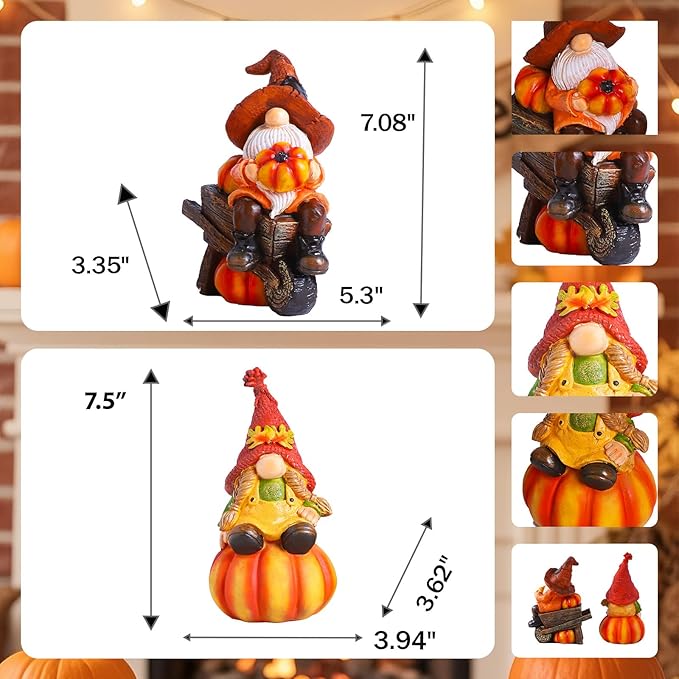 BUTILIVEEN Fall Gnomes Decorations for Home - 2PCS Autumn Harvest Garden Gnomes Statue Pumpkins Figurines, Thanksgiving Decor for Indoor & Outdoor, Resin, 7.5Inch