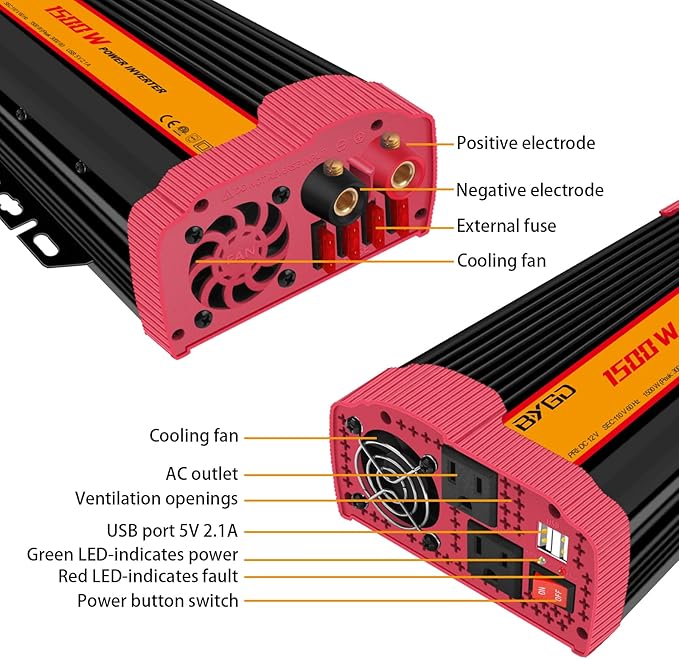 1500W Car Power Inverter DC 12V to AC 110V Car Converter Charger Adapter with Dual Outlets and 4.2A Dual USB Ports DC to AC Power Inverter for Truck Outdoor Home Camping RV Hurricane Emergency Red