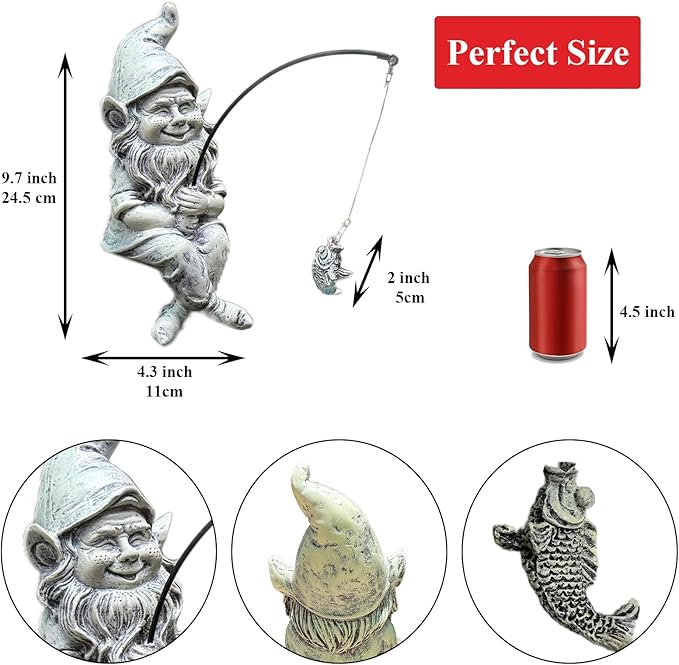 GARDEN WHISPER Gnome Statue Outdoor Garden Pond Koi Decoration, Fishing Gnome Sculpture Garden Koi Pond or Waterfall Decor, 9.7" Dwarf Fishing Poolside Statue, Great Gifts for Mom (Cartoon Style)