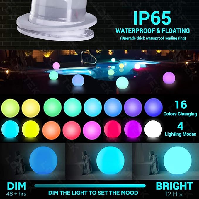 LOFTEK LED Pool Lights That Float - 8-inch Globe Lamp Rechargeable - 16 RGB Lamp with Handle & Remote, Waterproof Lamps for Outdoor Yard Decor, Smart Orb Light for Bedroom, 1-Unit