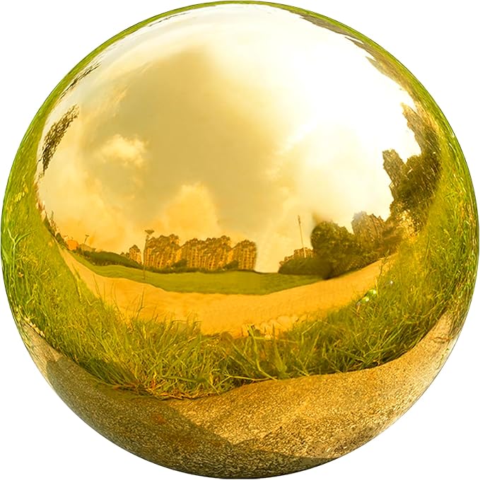 Nerien 10 Inch Gazing Ball, Stainless Steel Garden Mirror Globe, Polished Ornament Sphere, Hollow Floating Reflective Hemisphere, Home Outdoor Pond Housewarming Swimming Pool Decoration Gift, Gold
