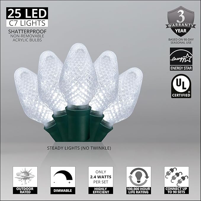 Wintergreen Lighting C7 Cool White LED Christmas Lights, 17 ft String Light Set with 25 Bulbs – Indoor/Outdoor Holiday Decor
