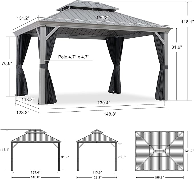PURPLE LEAF 11' x 13' Permanent Hardtop Gazebo with Galvanized Steel Double Roof and Aluminum Frames Outdoor Large Pavilion Gazebo for Patio Deck Garden, Netting and Curtains Included, Light Grey