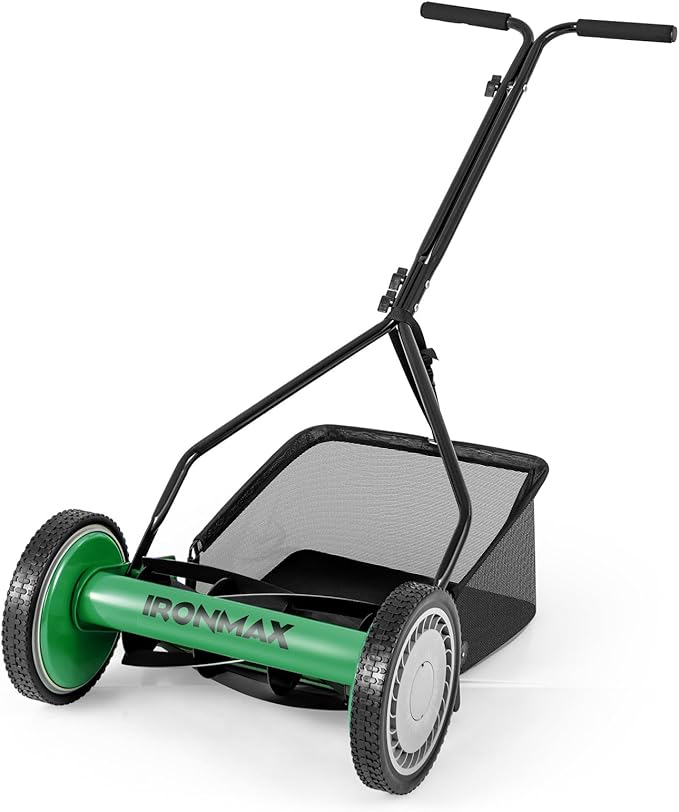 Goplus Manual Lawn Mower, 14 Inch 5-Blade Walk-Behind Cordless Grass Cutter with 7 Gallon Removable Grass Collect Bag, Adjustable Cutting Heights, Push Reel Lawn Mower for Yard, Garden