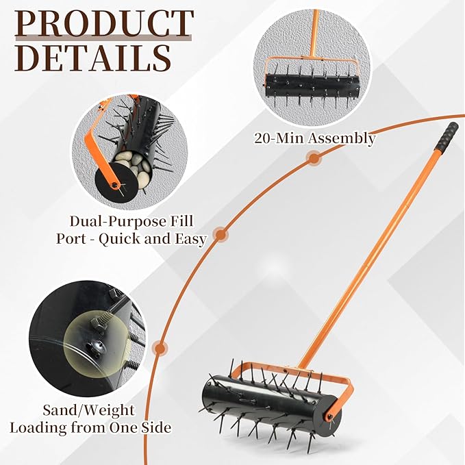 VINGLI Lawn Aerator, 17 inch Heavy Duty Lawn Aerator Tool, Rolling Aerator Lawn Tool with 42 Spikes for Garden Yard Patio Maintaining, Orange & Black