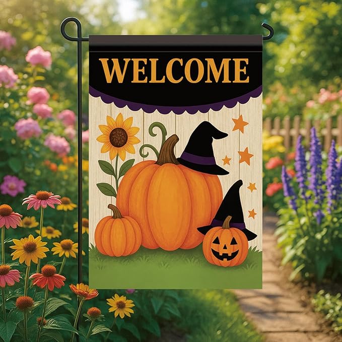 Halloween Fall Garden Flag Pumpkin Witch Hat Flag 12x18 Inch Double-Sided Welcome Yard Banner Autumn Outdoor Decor for Porch Lawn Pathway Jack O Lantern Sunflower Holiday Sign