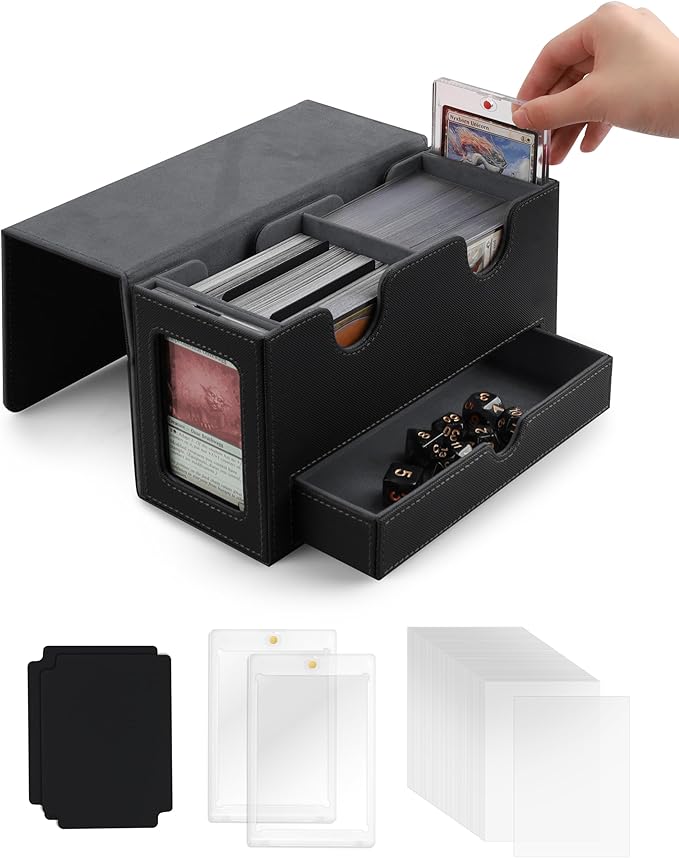 MRAUF MTG Deck Box with Double Commander Display and Dice Tray, Fits 200+ Double Sleeved Cards, Card Storage Box Plus 2 Magnetic Holders& 100Pcs Card Sleeves (Black)