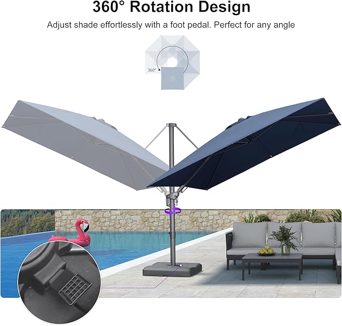 PURPLE LEAF 10' X 10' Swivel Outdoor Patio Aluminum Umbrella with Base Left-right Tilting Cantilever Offset Umbrella with UV Resistant Heavy Duty Fabric for Deck Pool Patio Backyard, Graphite Grey