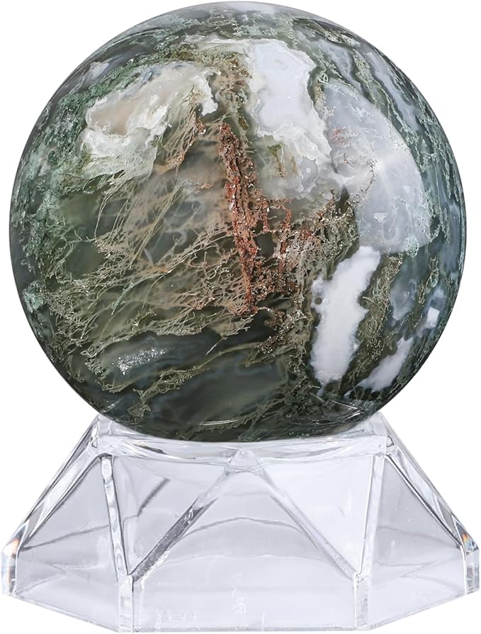 Natural Moss Agate Crystal Ball with Acrylic Display Base, 51-60mm Polished Stone Feng Shui Crystal Sphere Meditation Decoration for Home & Office