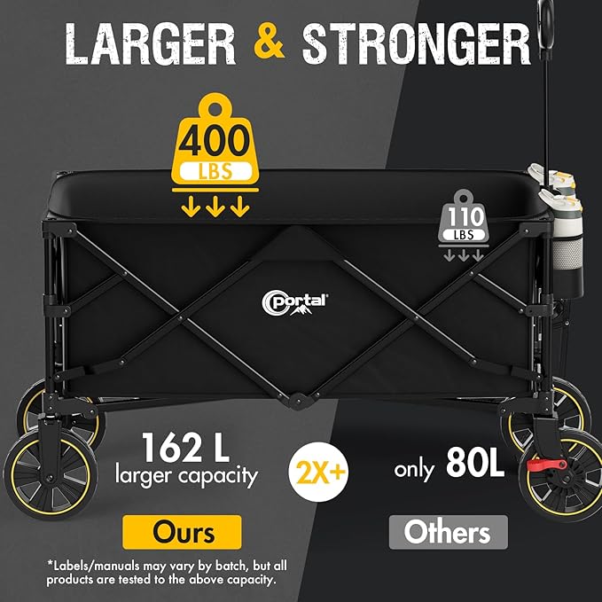 POTAL Foldable Wagons Carts with Wheels, 5 ft³ Collapsible Grocery Cart on Weels with Brakes, Folding Utility Pull Wagon Cart Heavy Duty for Camping Outdoor, Gardening, Sports