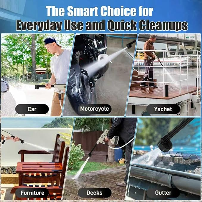 Cordless Pressure Washer, Portable Imapct Power Washer, 4.0Ah Battery Powered with Dual Water Source, 6-in-1 Nozzle, 16ft Detachable Hose, Lightweight and Long-Lasting, Designed for Light-Duty Tasks
