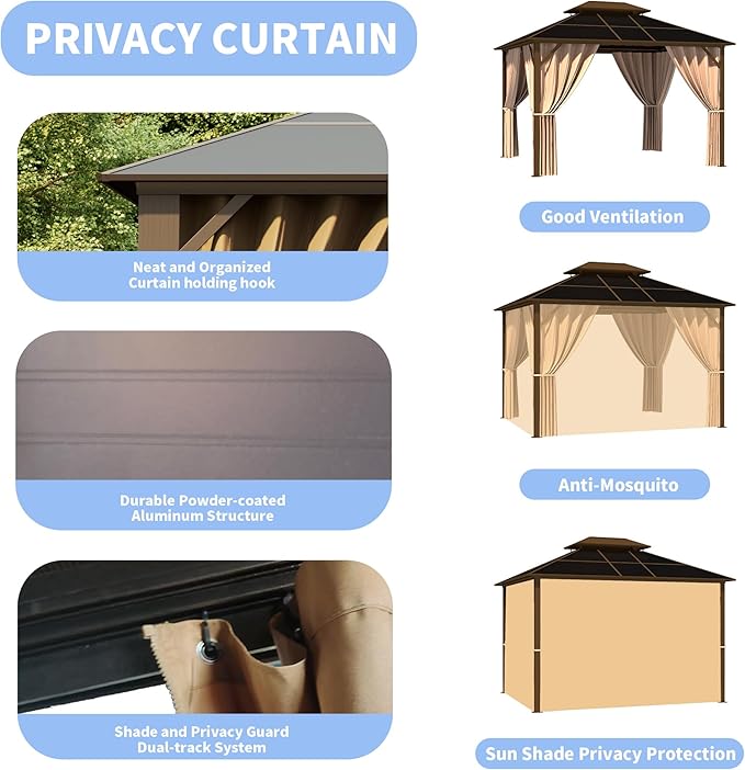 Kingdura Hardtop Gazebo 10'x12' with Double Polycarbonate Roof Canopy, Outdoor Gazebo with All-Weather Resistant Aluminum Frame Permanent Pavilion, UV Blocking for Patio Lawn Garden