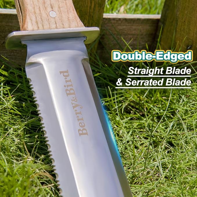 Berry&Bird Hori Hori Garden Knife with Leather Sheath, Premium Gardening Soil Knife with 6" Stainless Steel Double Edge Sharp Blade, Japanese Gardening Tool for Weeding, Digging, Cutting & Planting
