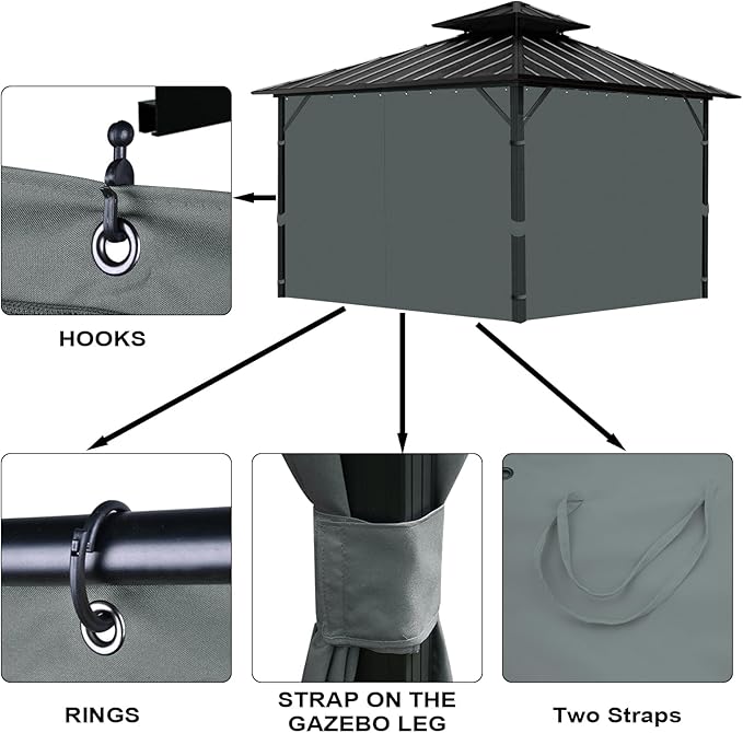 Gazebo Universal Replacement Privacy Curtain, 12'X14' Gazebo Curtains Outdoor Waterproof, 4-Panels Sidewall with Zipper for Patio, Garden and Backyard (Only Curtains, 12'X14', Gray)