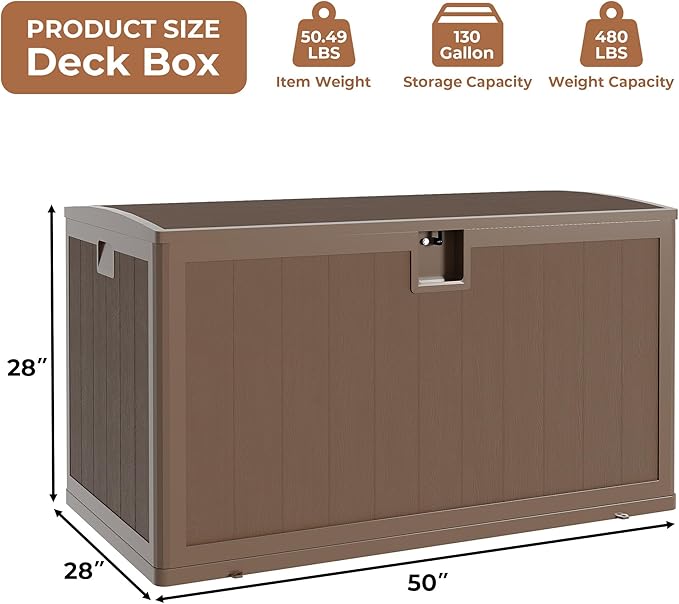 130 gal Brown Resin Deck Box, Outdoor Storage Box Waterproof Lockable, Patio Deck Box For Package Delivery, Outside Storage Box Container for Furniture Cushions, Garden Tools, Pool Accessories