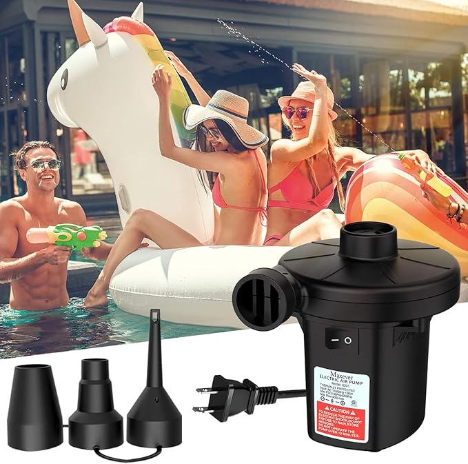 Quick-Fill Electric Air Pump with 3 Nozzles, AC 110V-120V Portable Inflator Deflator for Inflatables Pool Float Toys Air Mattress Bed Couch Swim Ring Tube Raft