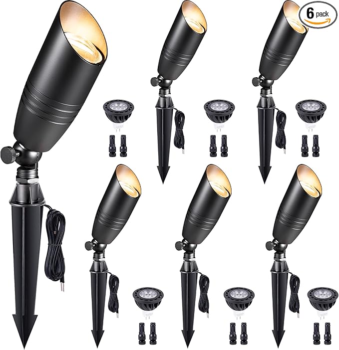 Gardenreet Low Voltage Spot Lights - Black Solid Brass Landscape Spotlight Wired, 12V Outdoor LED Bullet Uplights, Waterproof Electric for Patio Wall with 4000K Bright White MR16 Bulb (6 Pack)