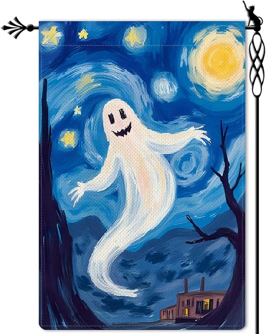 Starry Night Ghost Garden Flag Halloween Holiday Garden Flag Vertical Double Sided Rustic Farmland Burlap Yard Lawn Outdoor Decor 12.5x18"