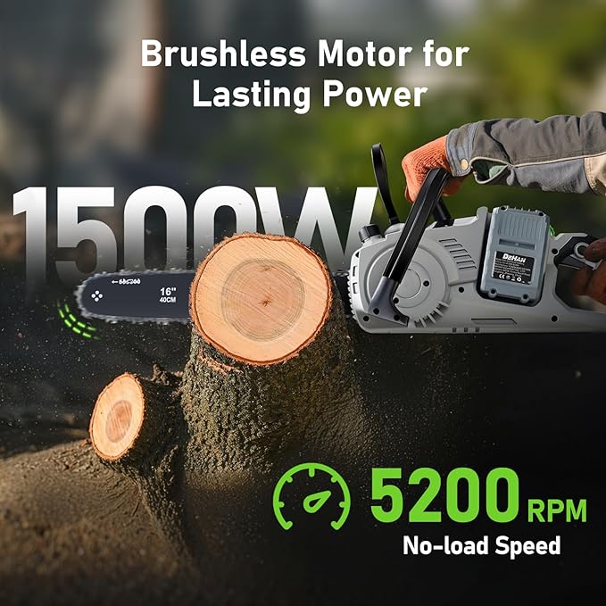 16 Inch Brushless Chainsaw with 2 x 4.0Ah 21V Battery, Tool-Free Chain Tensioning, Instant Chain Brake & Transparent Oil Tank – Tools for Tree Trimming & Wood Cutting