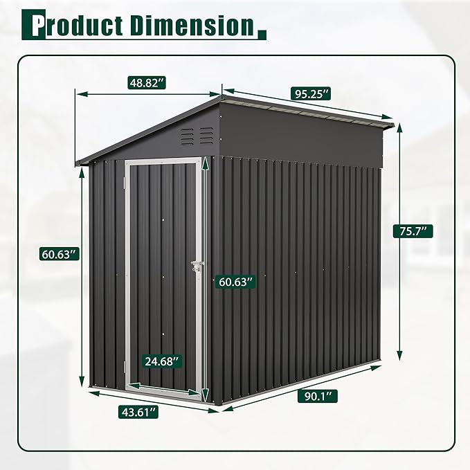 4×8 Ft Lean to Shed with Floor, Metal Outdoor Storage Shed, 0.25mm Galvanized Steel Metal Garden Shed Waterproof with Lockable Door for Backyard, Patio, Garden, Black
