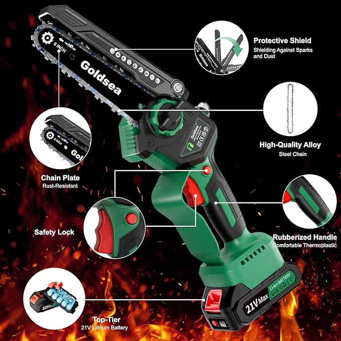Cordless Mini Chainsaw 6 Inch, Goldsea Small Electric Chain Saws with 2 pack 2000mAh Batteries and Automatic Oiling System, Hand Saw Battery Powered Branch Cutter for Wood Cutting as Gifts for Men