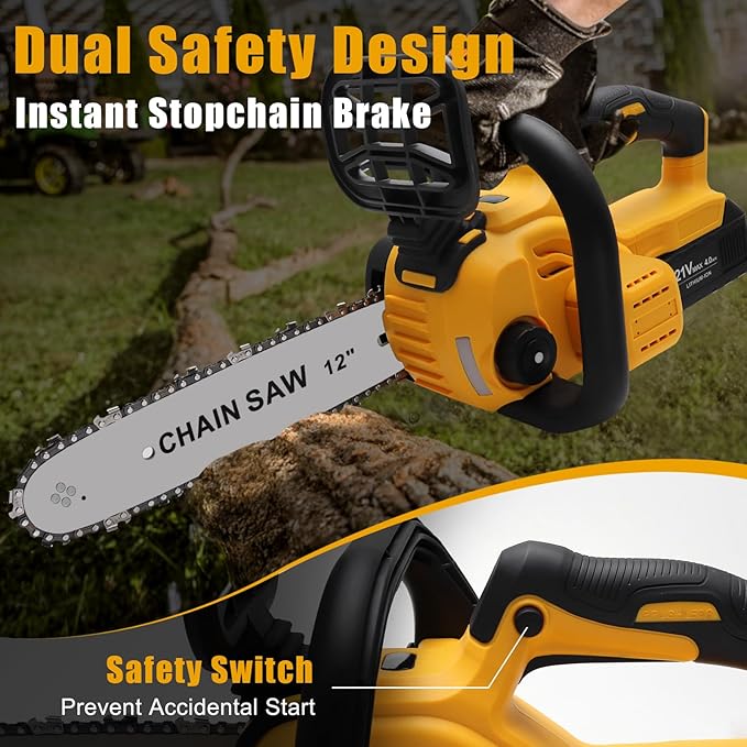 Chainsaw Cordless, 12 Inch Electric Chain Saw, Handheld Brushless Chainsaws with Tool-free Chain Tension & Auto Lubrication, 4000mah*2 Battery (12 Inch Chainsaw)