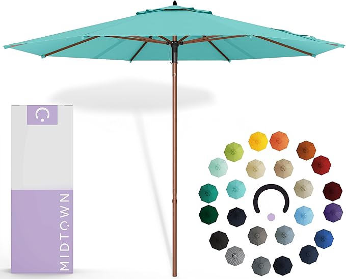 Midtown Umbrellas The Wooden 10 Feet Patio Umbrella With Sunbrella Aruba Acrylic Fabric - Aluminum Frame Market Umbrella For Backyard, Deck, Garden, Pool - Wooden Pole