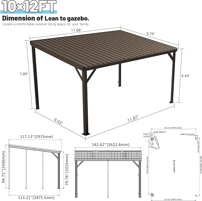 Domi 10’x12’ Lean-to Gazebo, Hardtop Wall-Mounted Gazebo Pergola with Sloping Galvanized Steel Roof and Upgraded Drainage System, Outdoor Permanent Metal Shelters for Patio Backyard Deck, Brown