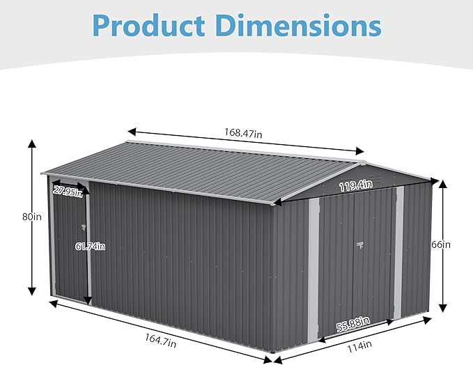 10x14 FT Shed Outdoor Storage Metal Large Garden Tool Sheds with 3 Lockable Doors Floor Frame Gable Roof Waterproof Steel Utility Equipment Sheds for Backyard Patio Lawn Poolside, Grey