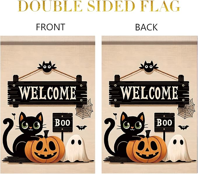 Halloween Black Cat Welcome Garden Flag 12x18 Inch Double Sided for Outside Cute Cat Pumpkin Ghost Yard Flag for Outdoor Holiday Home Decor