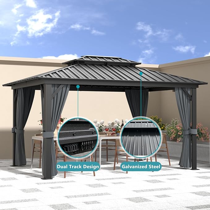Aoxun 10' X 12' Hardtop Gazebo, Aluminum Metal Outdoor Gazebo with Galvanized Steel Double Roof, Permanent Patio Pavilion with Breathable Netting and Curtains for Dining, Wedding, Party