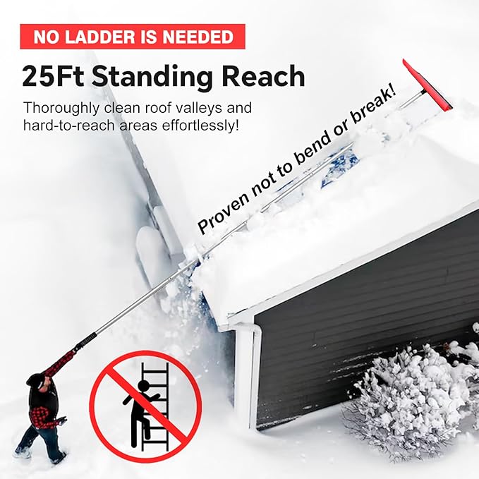 Never-Scratch SnowBuster | 19-Foot Snow Roof Rake(Up to 25Ft Standing Reach) | Heavy-Duty Aluminum｜EVA Soft Foam Pad Snow Removal Tool｜S-Shaped Push/Pull Design for House Roofs, Solar Panels
