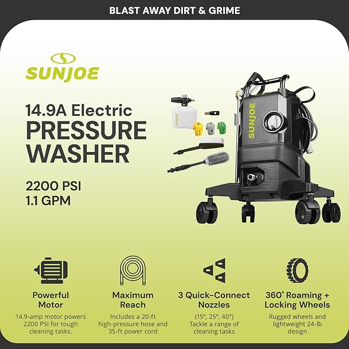 Sun Joe Electric Pressure Washer w/Wheels & 3 Quick-Connect Nozzles, 2200 PSI (PWMA Certified), 1.1 GPM, 14.9-Amp Motor - Heavy-Duty Cleaning Machine for Patios, Decks, Sidewalks & Cars, SPX3000-QW2