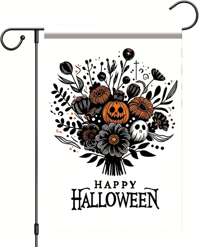 Halloween Garden Flag 12x18 Inch Pumpkin Ghost Floral Bouquet Yard Banner Happy Halloween Outdoor Decoration Double Sided Seasonal House Flag for Porch Patio Lawn Garden Party Fall Decor