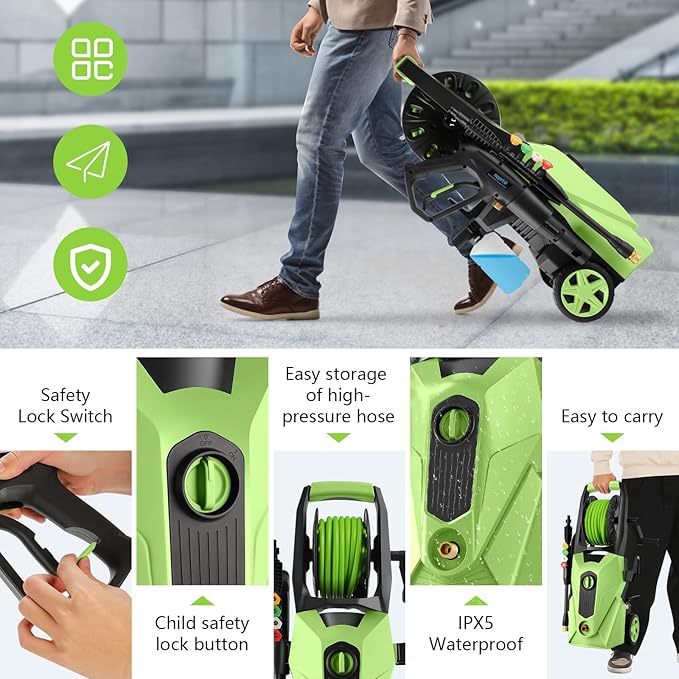 Electric Pressure Washer 5000 PSI,2.8 GPM Power Washer with Foam Cannon,Portable Cleaner with 33ft Hose Reel,4 Nozzle Tips,and Soap Bottle for Cars/Home/Driveways/Patios/Decks/Fences