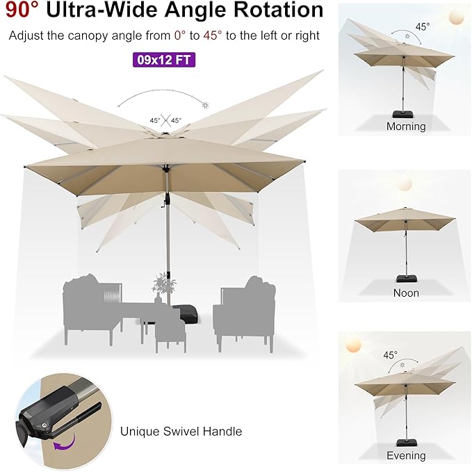 PURPLE LEAF 9' X 12' Left-right Tilting Patio Umbrella with Base Outdoor Swivel Cantilever Offset Aluminum Umbrella with Champagne Frame and 360-degree Rotation for Garden Deck Pool, Beige