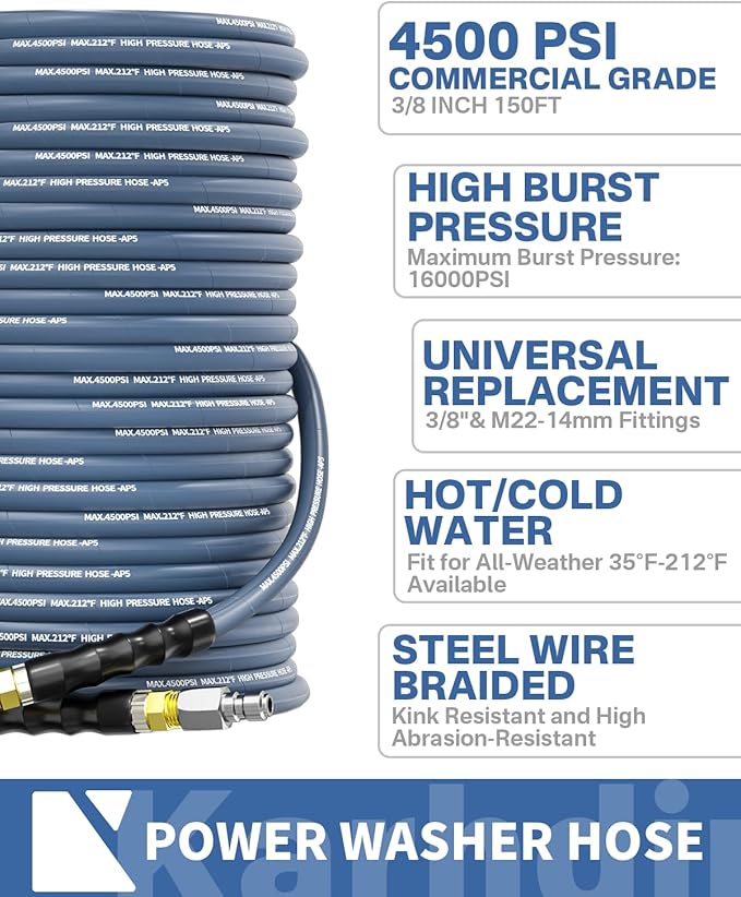 Pressure Washer Hose 150FT 3/8" for Cold and Hot Water 212°F, with Swivel Quick Connect, 4500PSI Kink Resistant Grade Steel Wire Braided, Power Washer Hose With 2pcs M22-14mm Adapter
