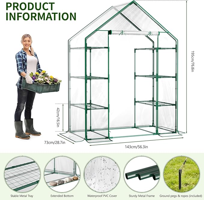 Indoor Greenhouse with Grow Light, 4-Tier 56.3"x28.7"x76.8" Mini Greenhouse with Roll-Up Zippered PVC Cover for Seed Starting Trays, Dimmable Grow Light Shelf for Indoor Plants with Timer